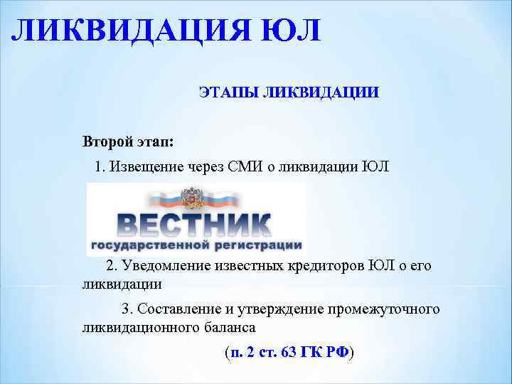 ЛИКВИДАЦИЯ ЮЛ ЭТАПЫ ЛИКВИДАЦИИ Второй этап: 1. Извещение через СМИ о ликвидации ЮЛ 2.