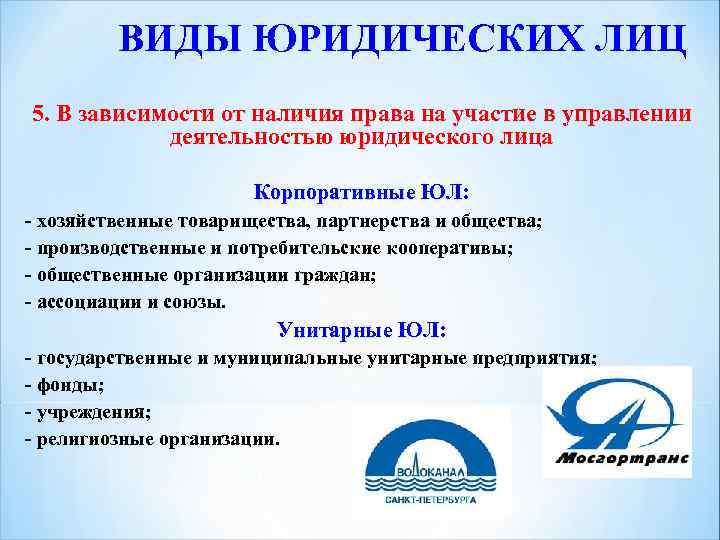 ВИДЫ ЮРИДИЧЕСКИХ ЛИЦ 5. В зависимости от наличия права на участие в управлении деятельностью