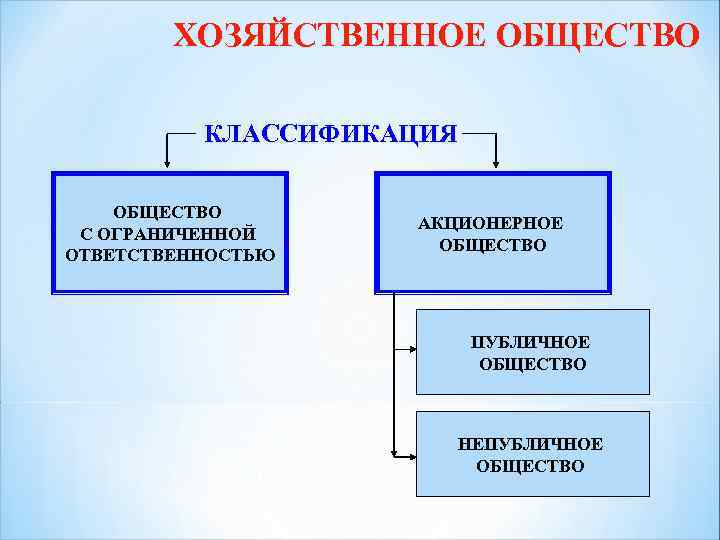 ХОЗЯЙСТВЕННОЕ ОБЩЕСТВО КЛАССИФИКАЦИЯ ОБЩЕСТВО С ОГРАНИЧЕННОЙ ОТВЕТСТВЕННОСТЬЮ АКЦИОНЕРНОЕ ОБЩЕСТВО ПУБЛИЧНОЕ ОБЩЕСТВО НЕПУБЛИЧНОЕ ОБЩЕСТВО 