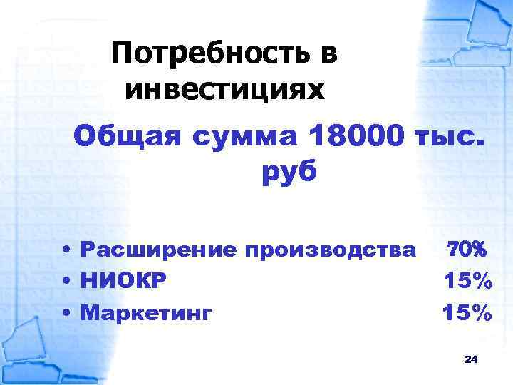 Потребность в инвестициях Общая сумма 18000 тыс. руб • Расширение производства • НИОКР •