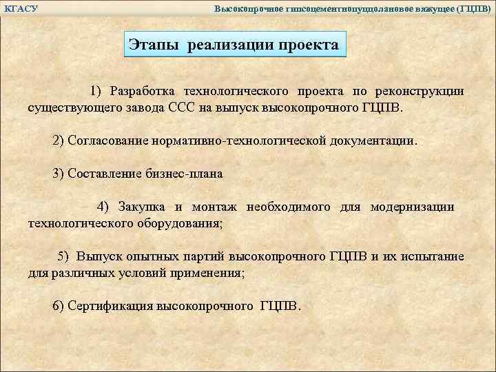 КГАСУ Высокопрочное гипсоцементнопуццолановое вяжущее (ГЦПВ) Этапы реализации проекта 1) Разработка технологического проекта по реконструкции