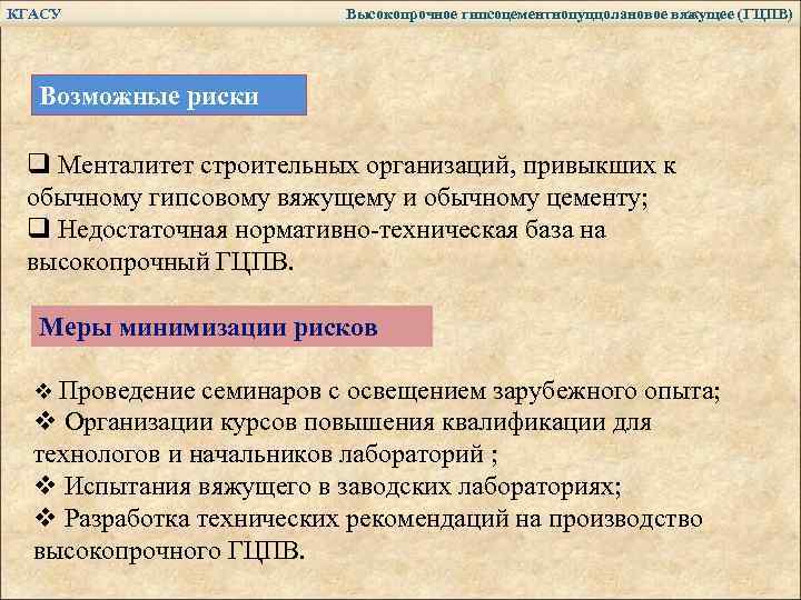 КГАСУ Высокопрочное гипсоцементнопуццолановое вяжущее (ГЦПВ) Возможные риски q Менталитет строительных организаций, привыкших к обычному