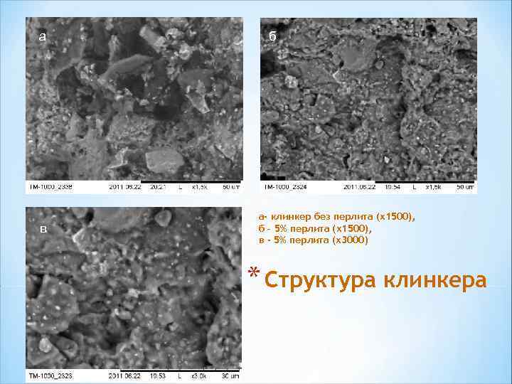 а в б а- клинкер без перлита (х1500), б – 5% перлита (х1500), в