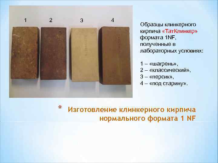 1 2 3 4 Образцы клинкерного кирпича «Тат. Клинкер» формата 1 NF, полученные в