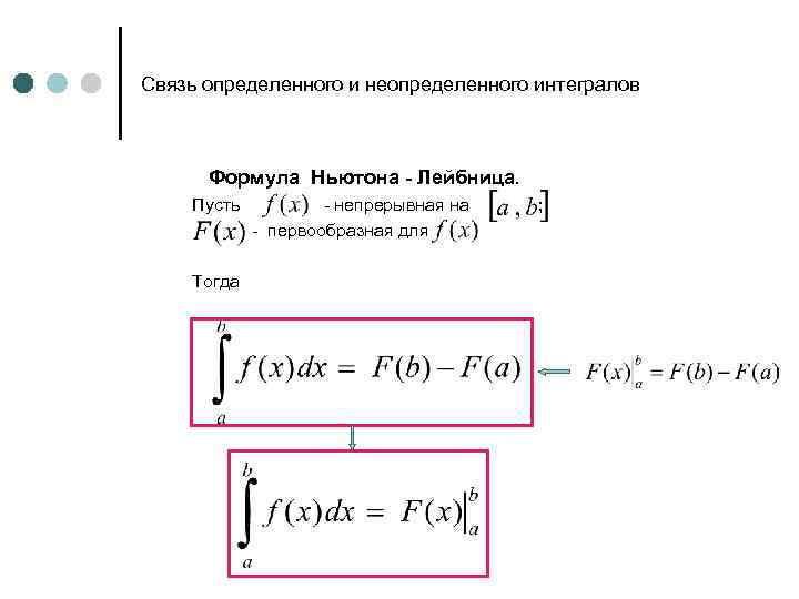 Связь определенного и неопределенного интегралов Формула Ньютона - Лейбница. Пусть Тогда - непрерывная на