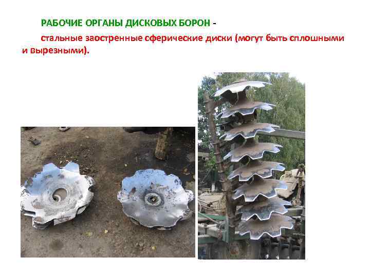 РАБОЧИЕ ОРГАНЫ ДИСКОВЫХ БОРОН стальные заостренные сферические диски (могут быть сплошными и вырезными). 