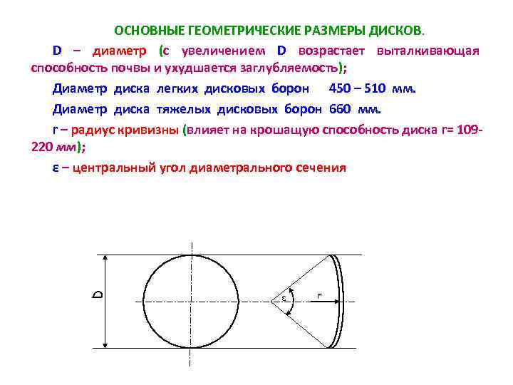 D ОСНОВНЫЕ ГЕОМЕТРИЧЕСКИЕ РАЗМЕРЫ ДИСКОВ. D – диаметр (с увеличением D возрастает выталкивающая способность