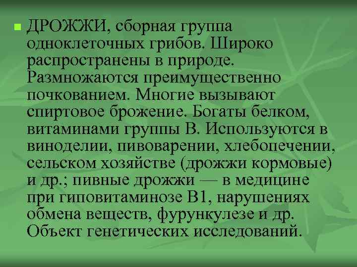 n ДРОЖЖИ, сборная группа одноклеточных грибов. Широко распространены в природе. Размножаются преимущественно почкованием. Многие