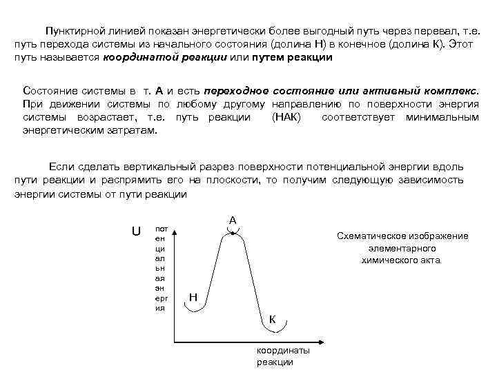 Пунктирной линией показан энергетически более выгодный путь через перевал, т. е. путь перехода системы