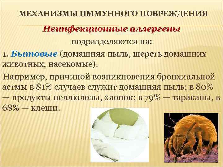 МЕХАНИЗМЫ ИММУННОГО ПОВРЕЖДЕНИЯ Неинфекционные аллергены подразделяются на: 1. Бытовые (домашняя пыль, шерсть домашних животных,
