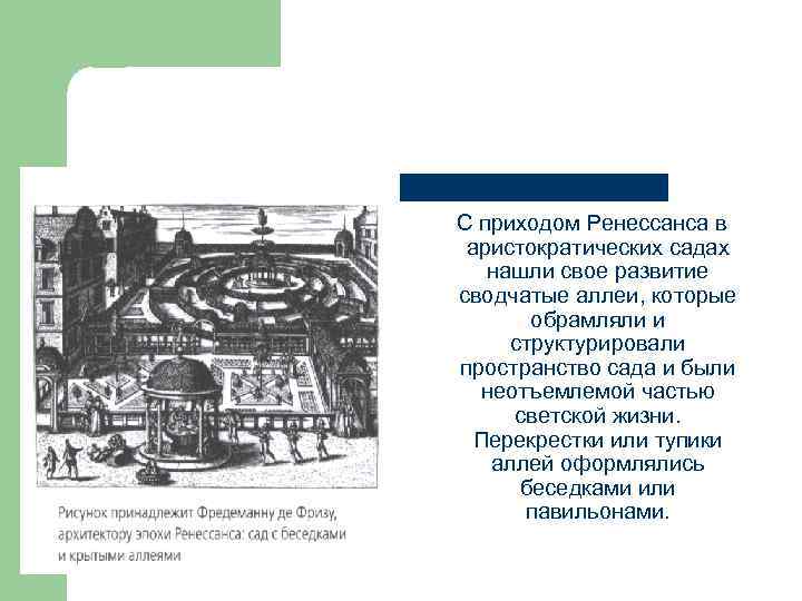 С приходом Ренессанса в аристократических садах нашли свое развитие сводчатые аллеи, которые обрамляли и