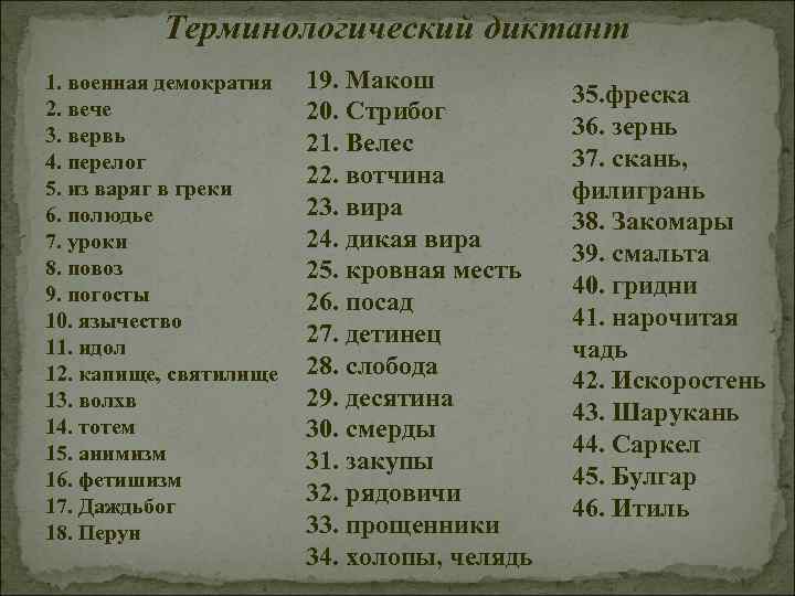 Терминологический диктант 19. Макош 1. военная демократия 2. вече 20. Стрибог 3. вервь 21.