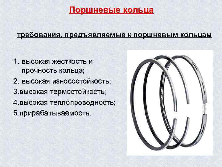Поршневые кольца требования, предъявляемые к поршневым кольцам 1. высокая жесткость и прочность кольца; 2.