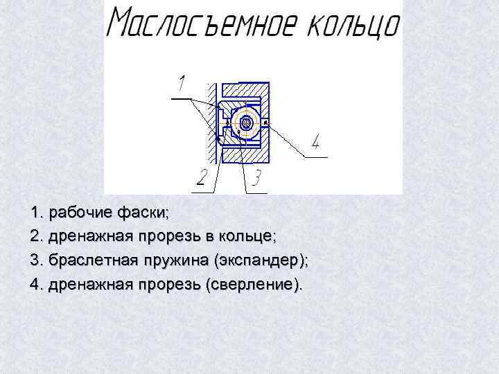 1. рабочие фаски; 2. дренажная прорезь в кольце; 3. браслетная пружина (экспандер); 4. дренажная