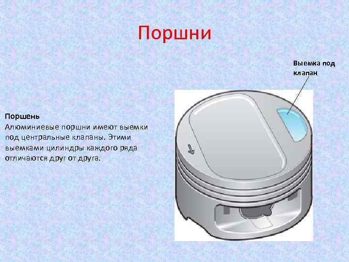 Поршни Выемка под клапан Поршень Алюминиевые поршни имеют выемки под центральные клапаны. Этими выемками