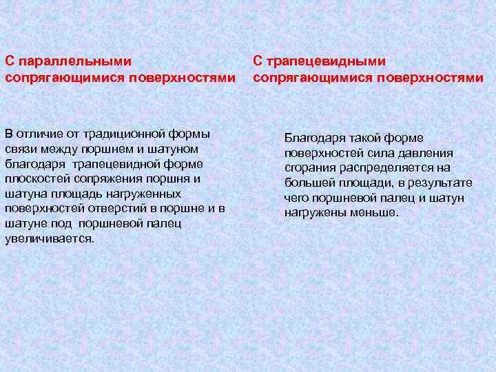 С параллельными сопрягающимися поверхностями В отличие от традиционной формы связи между поршнем и шатуном