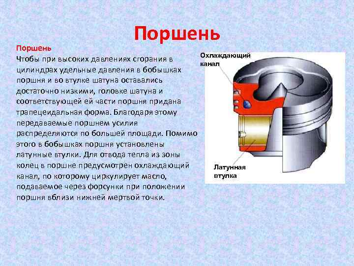 Поршень Чтобы при высоких давлениях сгорания в цилиндрах удельные давления в бобышках поршня и