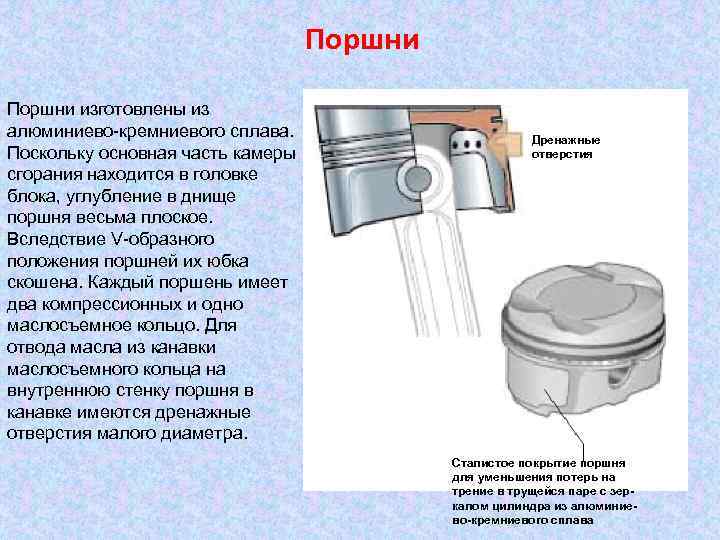 Поршни изготовлены из алюминиево-кремниевого сплава. Поскольку основная часть камеры сгорания находится в головке блока,