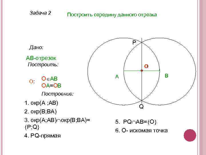 Задача 2 Построить середину данного отрезка P Дано: АВ-отрезок Построить: О: О АВ ОА=ОВ