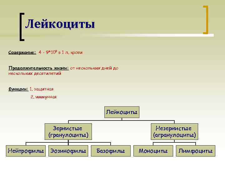 Лейкоциты Содержание: 4 - 9*109 в 1 л. крови Продолжительность жизни: от нескольких дней