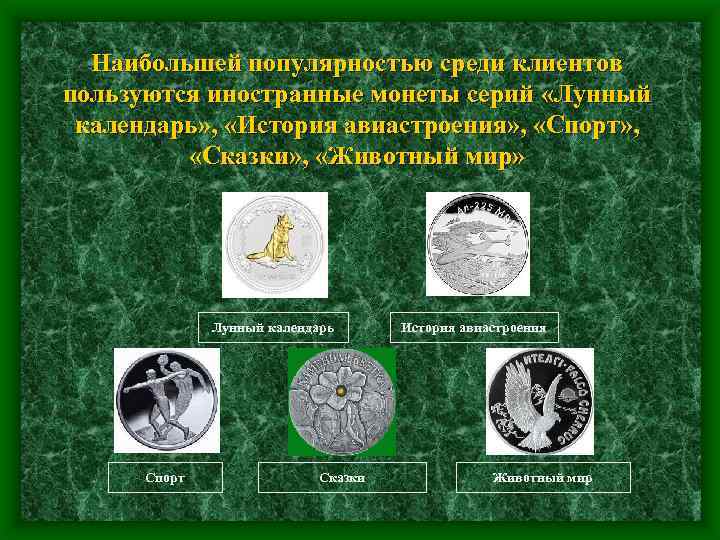 Наибольшей популярностью среди клиентов пользуются иностранные монеты серий «Лунный календарь» , «История авиастроения» ,