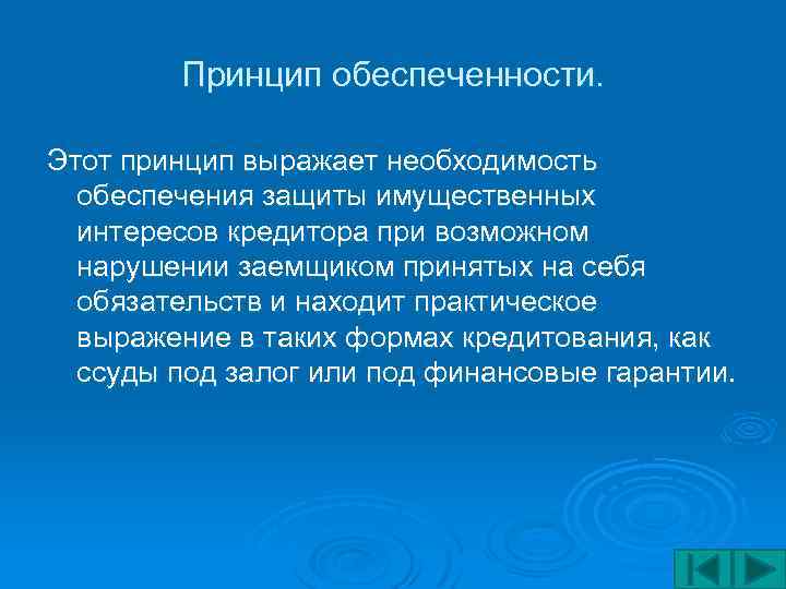 Принцип обеспеченности. Этот принцип выражает необходимость обеспечения защиты имущественных интересов кредитора при возможном нарушении