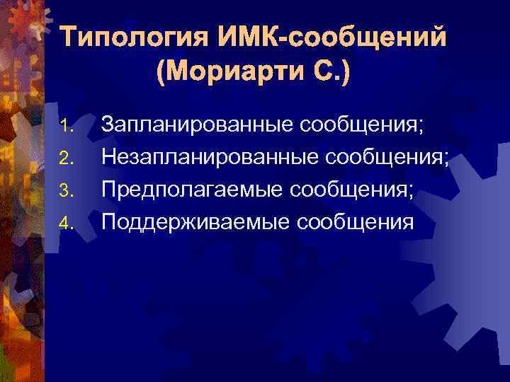Типология ИМК-сообщений (Мориарти С. ) 1. 2. 3. 4. Запланированные сообщения; Незапланированные сообщения; Предполагаемые