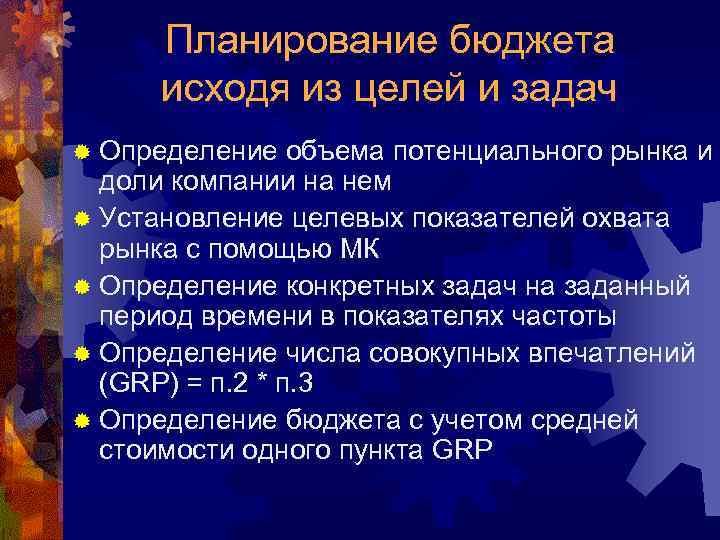 Планирование бюджета исходя из целей и задач ® Определение объема потенциального рынка и доли
