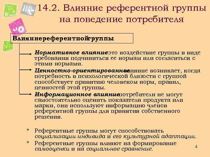 14. 2. Влияние референтной группы на поведение потребителя Влияниереферентной группы : Нормативное влияние это