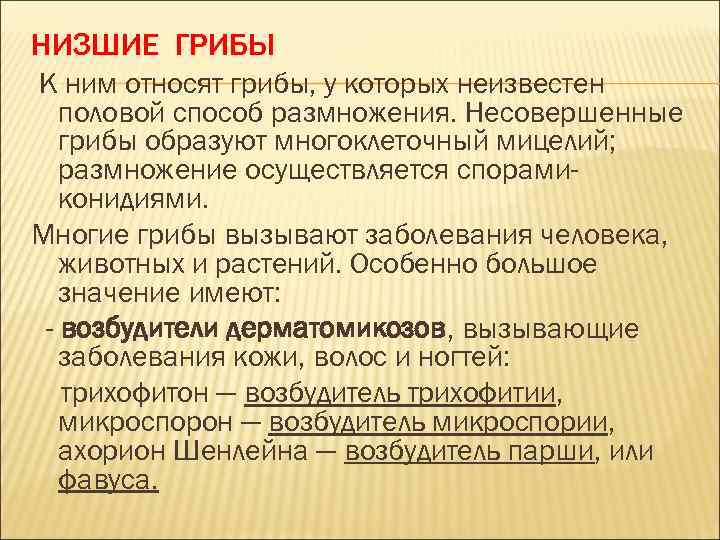 НИЗШИЕ ГРИБЫ К ним относят грибы, у которых неизвестен половой способ размножения. Несовершенные грибы