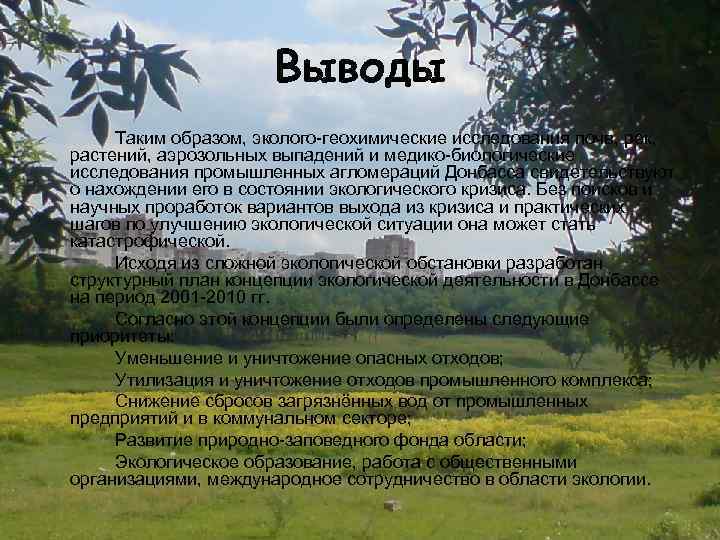 Выводы Таким образом, эколого-геохимические исследования почв, рек, растений, аэрозольных выпадений и медико-биологические исследования промышленных