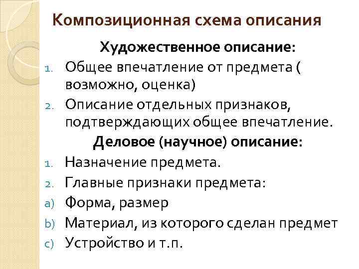 Композиционная схема описания 1. 2. a) b) c) Художественное описание: Общее впечатление от предмета