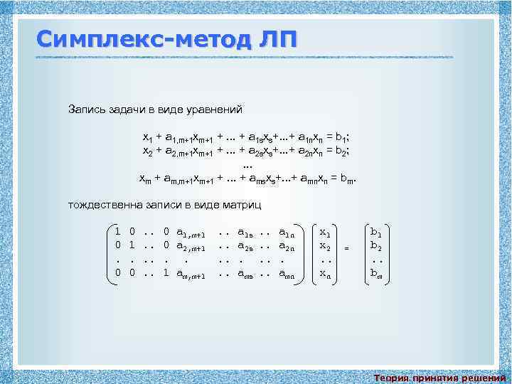 Симплекс-метод ЛП Запись задачи в виде уравнений x 1 + a 1, m+1 xm+1
