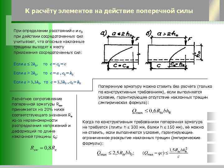 К расчёту элементов на действие поперечной силы При определении расстояний с и с0 при