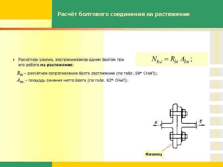 Расчёт болтового соединения на растяжение Расчётное усилие, воспринимаемое одним болтом при его работе на