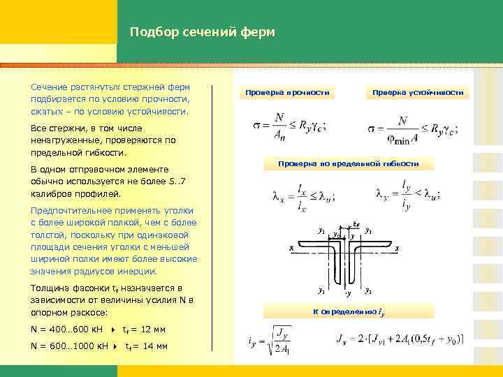 Подбор сечения фермы. Сечение элементов фермы. Условие прочности сечения растянутого элемента. Подбор сечения сжатых стержней ферм. Подбор сечения из условия прочности.