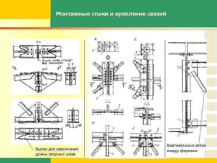 Узлы вертикальных связей. Монтажные стыки ферм ГСП. Монтажный стык Нижнего пояса. Монтажный стык фермы. Вертикальные связи между фермами.