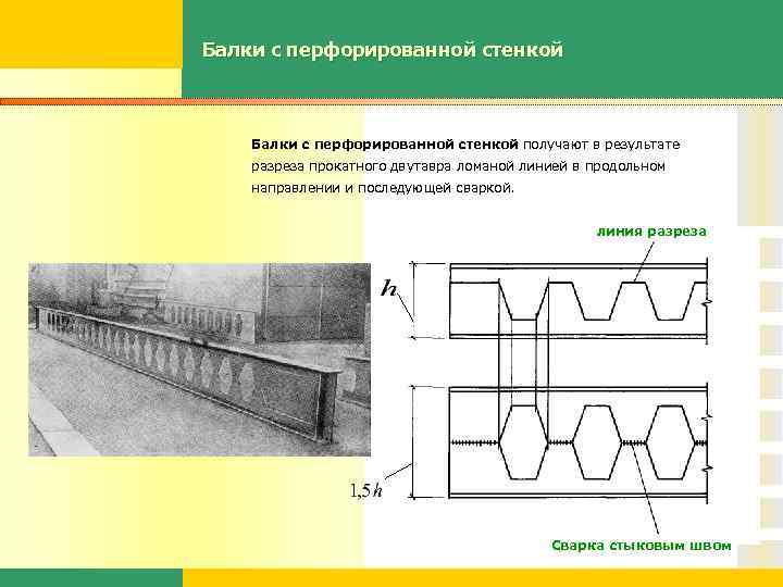 Балки с перфорированной стенкой получают в результате разреза прокатного двутавра ломаной линией в продольном