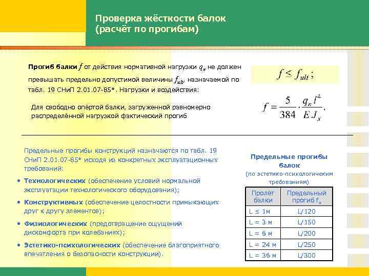 Проверка жёсткости балок (расчёт по прогибам) Прогиб балки f от действия нормативной нагрузки qn