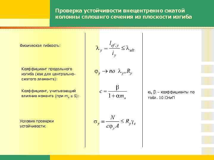 Проверка устойчивости внецентренно сжатой колонны сплошнго сечения из плоскости изгиба Физическая гибкость: Коэффициент продольного