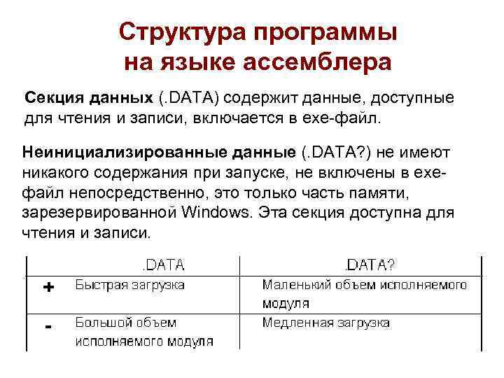Структура программы на языке ассемблера Секция данных (. DATA) содержит данные, доступные для чтения