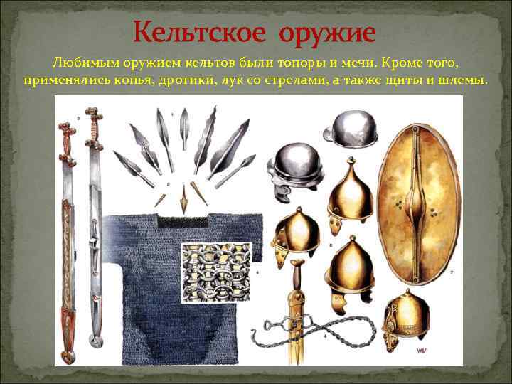 Кельтское оружие Любимым оружием кельтов были топоры и мечи. Кроме того, применялись копья, дротики,
