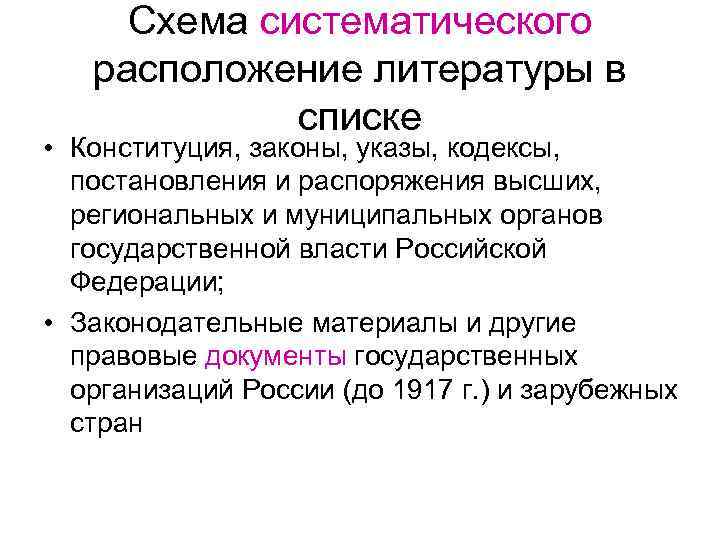 Схема систематического расположение литературы в списке • Конституция, законы, указы, кодексы, постановления и распоряжения