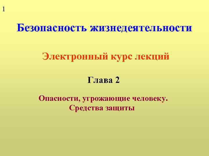 1 Безопасность жизнедеятельности Электронный курс лекций Глава 2 Опасности, угрожающие человеку. Средства защиты 