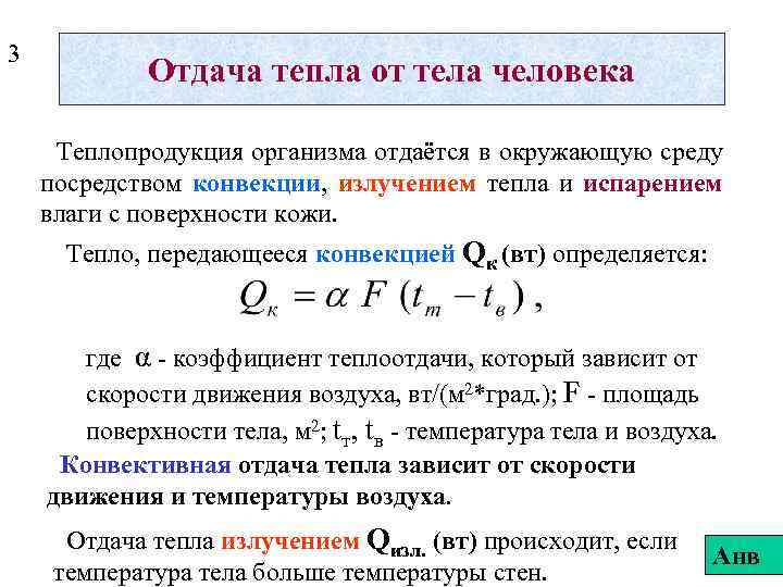 3 Отдача тепла от тела человека Теплопродукция организма отдаётся в окружающую среду посредством конвекции,