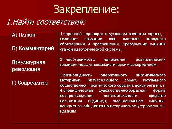 Закрепление: 1. Найти соответствия: А) Плакат Б) Комментарий В)Культурная революция Г) Соцреализм 1. коренной