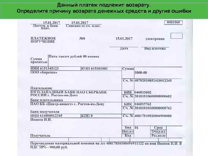 Данный платеж подлежит возврату. Определите причину возврата денежных средств и другие ошибки 