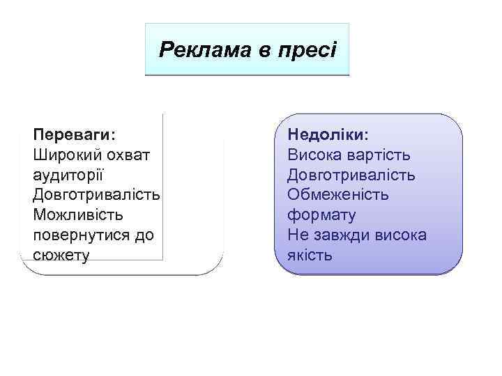 Реклама в пресі Переваги: Широкий охват аудиторії Довготривалість Можливість повернутися до сюжету Недоліки: Висока