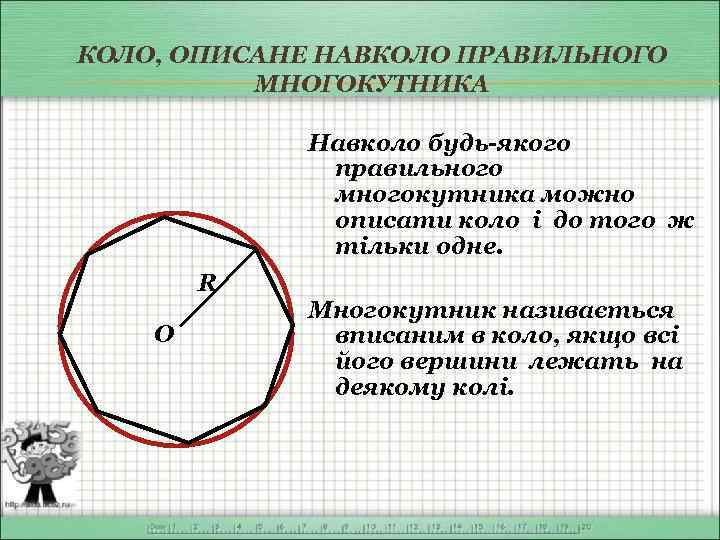 КОЛО, ОПИСАНЕ НАВКОЛО ПРАВИЛЬНОГО МНОГОКУТНИКА Навколо будь-якого правильного многокутника можно описати коло і до