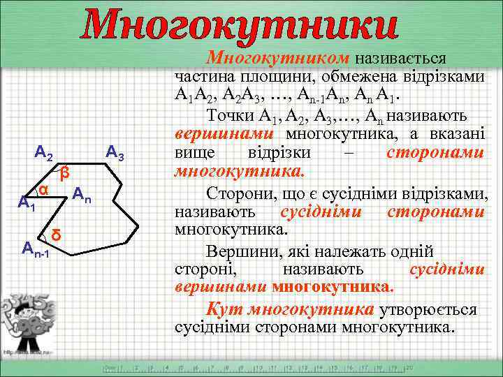 Многокутником називається А 2 А 1 α Аn-1 А 3 β Аn δ частина